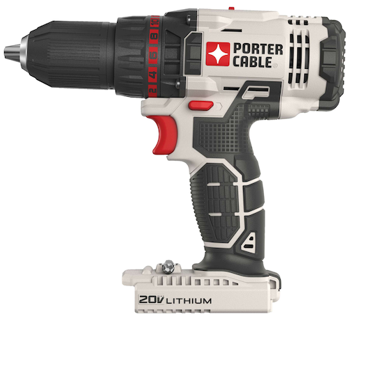 A PORTER-CABLE branded cordless power drill with a black and grey grip, red trigger, and a removable 20V lithium battery at the base.