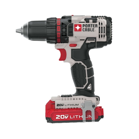A PORTER-CABLE branded cordless power drill with a black and gray body, red accents, and a 20V lithium battery. The drill features a textured grip handle and an adjustable torque ring.
