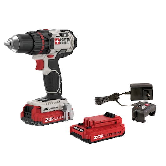 A PORTER-CABLE 20V lithium cordless drill set, including a drill, two rechargeable batteries, and a charger.