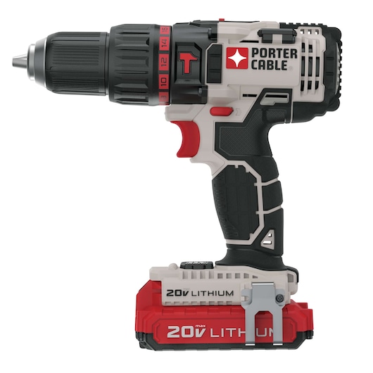 A PORTER-CABLE 20V lithium cordless drill with a black and gray body, red accents, and branding visible on the side.