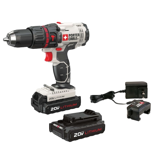 PORTER-CABLE cordless drill kit featuring a gray and black 20V lithium-ion drill, two 20V lithium batteries, and a charger with power adapter.