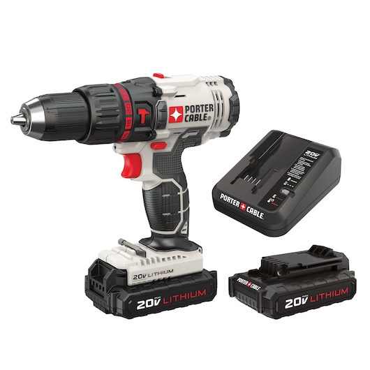 A PORTER-CABLE cordless power drill set, featuring a 20V lithium-ion drill with a battery attached, an additional battery, and a battery charger, all placed against a white background.