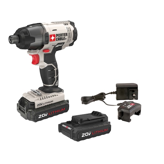 A PORTER-CABLE 20V lithium cordless impact driver kit showing the impact driver tool, two 20V lithium batteries, a battery charger, and a power adapter. All items are arranged on a white background.