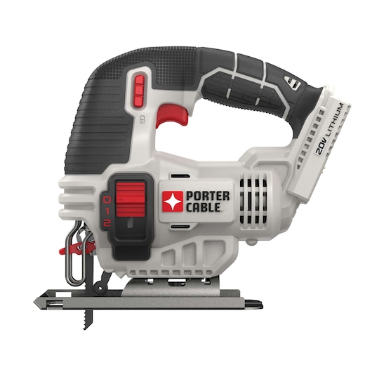 A PORTER-CABLE cordless jigsaw, model PCC650B, featuring a 20V lithium-ion battery. The tool has a grey and black body with red accents, a comfortable grip handle, and adjustable speed settings.