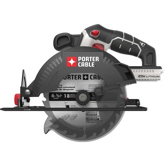 A PORTER-CABLE 20V Lithium cordless circular saw with a black and gray design, featuring a visible blade and ergonomic handle.