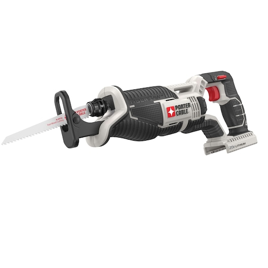 A PORTER-CABLE cordless reciprocating saw with a black and gray body, red accents, and a visible saw blade. The tool is labeled TIGERSAW and uses a 20V lithium battery.