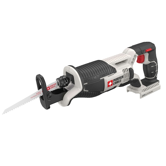 A PORTER-CABLE Tiger Saw 20V lithium cordless reciprocating saw with a visible saw blade, shown on a plain white background.
