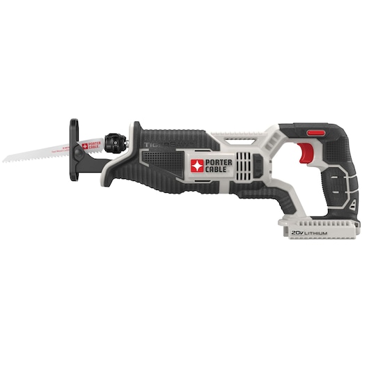 A PORTER-CABLE reciprocating saw with a black and gray body, red accents, labeled Tiger Saw, and a 20V lithium battery slot. The saw is shown with a wood-cutting blade attached.