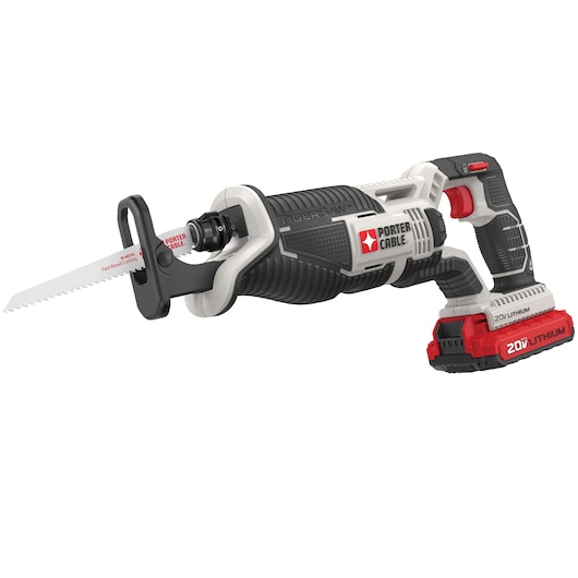 A PORTER-CABLE 20V Lithium cordless reciprocating saw with a black, white, and red handle. The saw features a serrated blade and ergonomic grip, designed for fast wood cutting.