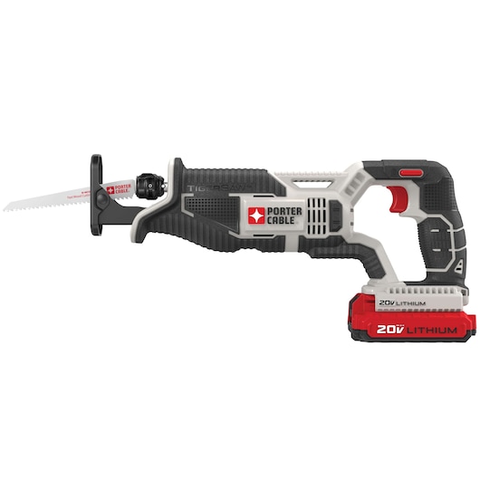 A PORTER-CABLE 20V cordless reciprocating saw with a black, grey, and red design, featuring a visible blade and battery pack, shown against a white background.