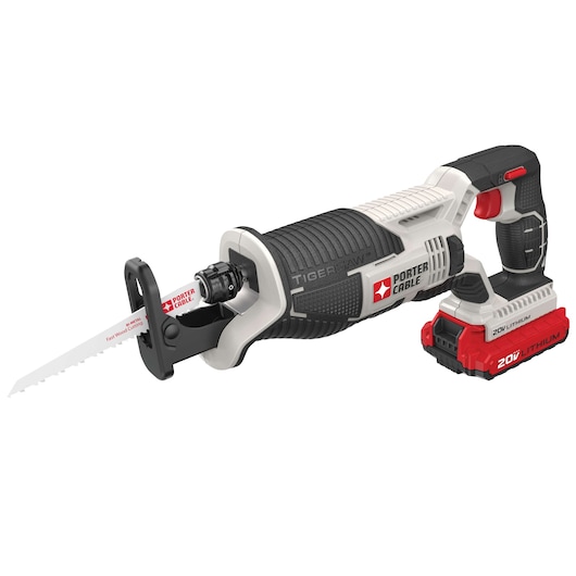 A PORTER-CABLE cordless reciprocating saw with a black and gray body, red accents, a 20V lithium battery, and a visible wood-cutting blade.