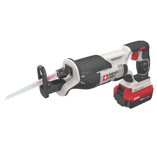 A PORTER-CABLE Tiger Saw cordless reciprocating saw with a visible 20V lithium-ion battery, black and red handle, and saw blade designed for fast wood cutting.