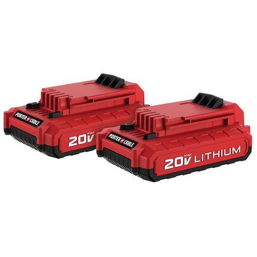 Two PORTER-CABLE 20V max lithium batteries are shown. The batteries are red with black accents and labeled with the brand name and voltage.