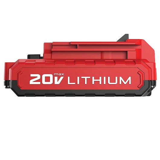 A PORTER-CABLE PCC680L 20V max lithium-ion battery pack, red and black in color, shown in a side view against a white background.