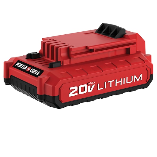 A red PORTER-CABLE 20V max lithium battery, shown on a white background. The battery features bold white text indicating its voltage and type, with black and red design accents.