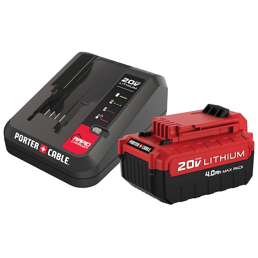 PORTER-CABLE 20V lithium-ion rapid battery charger and 4.0Ah max lithium-ion battery pack. The charger is black with red accents and labeled with charging indicators. The battery is red and black with '20V max lithium 4.0Ah max pack' printed on the side.