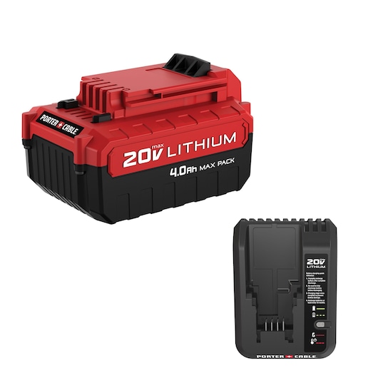 PORTER-CABLE 20V lithium-ion 4.0Ah battery pack and charger. The battery is red and black with branding and specifications printed on the side, and the charger is black with indicator lights and instructions.