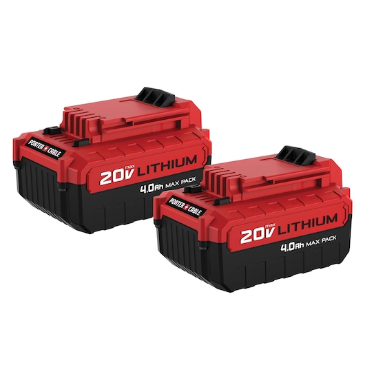 Two PORTER-CABLE 20V Max Lithium 4.0Ah Max Pack rechargeable battery packs with a black and red design, shown side by side on a white background.