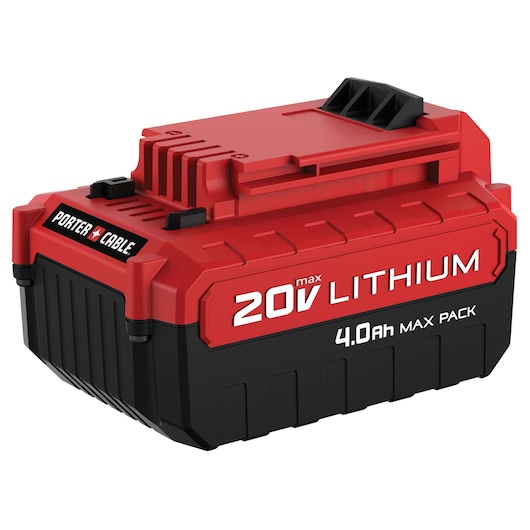 A PORTER-CABLE 20V max lithium battery pack with a 4.0Ah capacity, featuring a red and black design and labeled with the brand name and specifications.