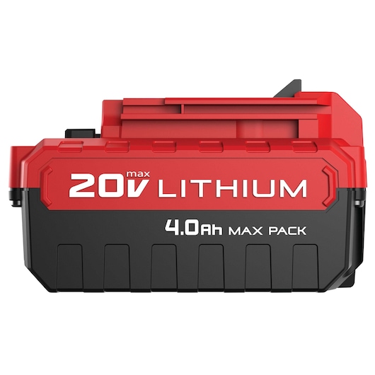 A PORTER-CABLE branded 20V Max Lithium 4.0Ah battery pack, red and black in color, designed for use with compatible power tools.