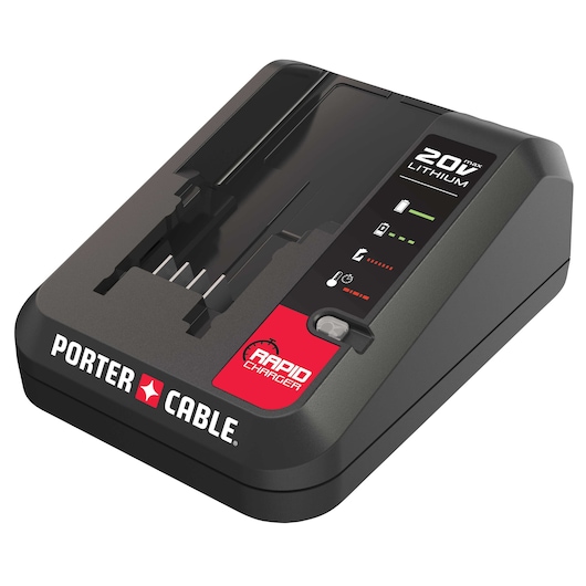 A PORTER-CABLE rapid charger for 20V lithium batteries, featuring indicator lights and a slot for inserting the battery, shown on a white background.