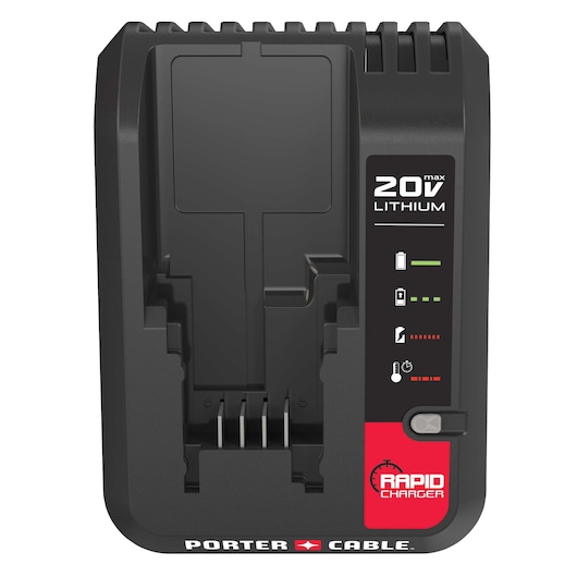 A PORTER-CABLE rapid charger for 20V lithium batteries, model PCC692L. The charger is black with indicator lights and labeled sections showing battery charging status and temperature warnings.