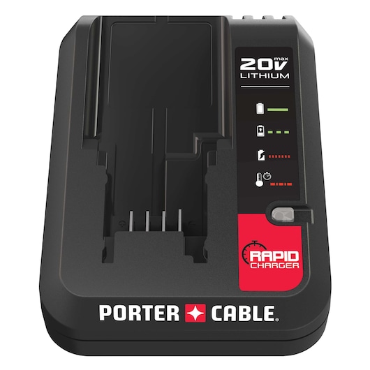 PORTER-CABLE 20V lithium rapid charger with battery status indicators and a slot for charging batteries. The unit features branding and a visual panel showing battery level, charging, warnings, and temperature icons.