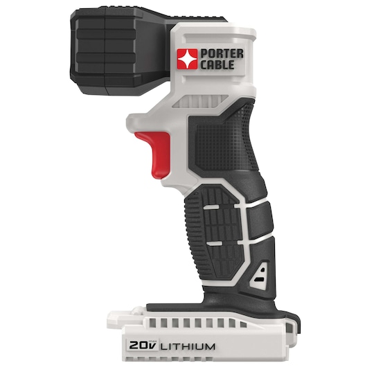 A PORTER-CABLE 20V Lithium cordless handheld work light, with a black and white body, red trigger, and rectangular black light head, shown standing upright.