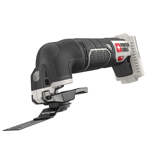 A PORTER-CABLE cordless oscillating multi-tool, model PCC710B, featuring a black and gray ergonomic handle with a visible blade attachment and battery compartment.