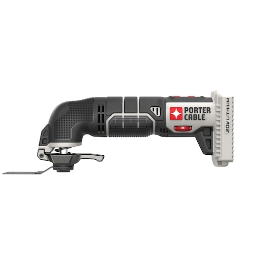 A PORTER-CABLE 20V Lithium cordless oscillating multi-tool with a black and grey design, showing the tool horizontally with a blade attachment on the left side.