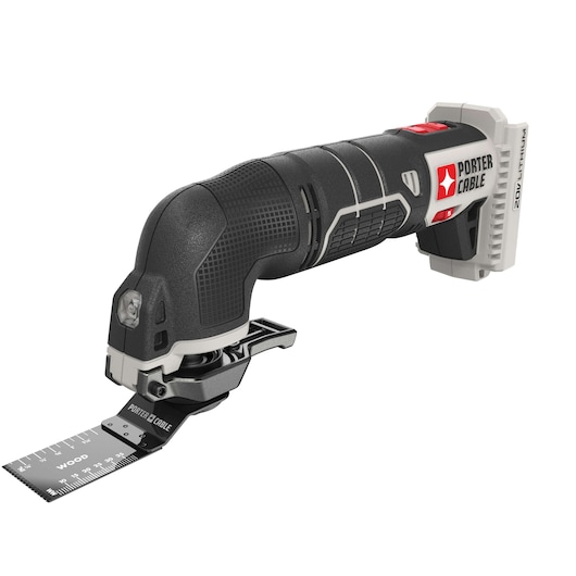 A PORTER-CABLE branded oscillating multi-tool with a 20V lithium battery and a wood cutting blade, shown in close-up view.