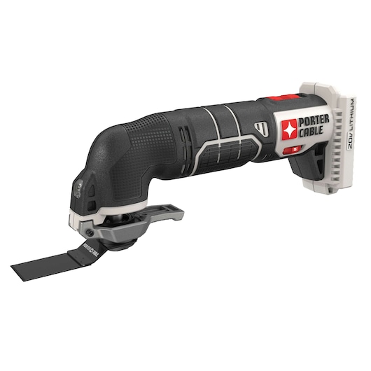 A PORTER-CABLE cordless oscillating multi-tool with a black and gray handle and a flat blade attachment, featuring a 20V lithium battery pack.