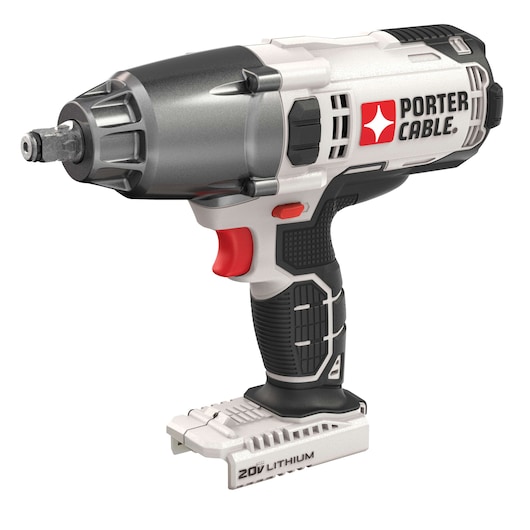 A PORTER-CABLE 20V cordless impact wrench with a black and silver metal head, black and grey textured handle, and red trigger. The tool is designed for use with 20V lithium batteries and is commonly used for heavy-duty fastening and loosening applications.