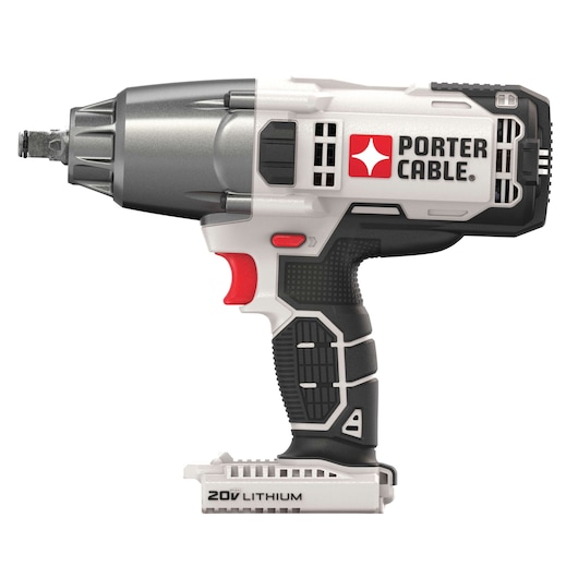 A PORTER-CABLE branded cordless impact tool with a 20V lithium battery, shown from the side on a white background.