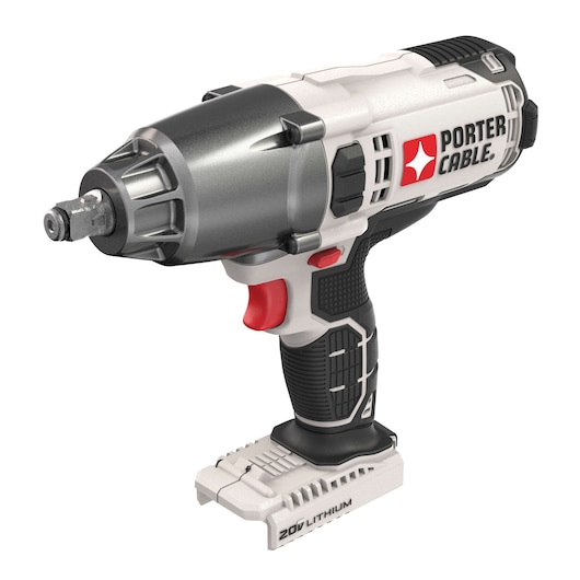 A PORTER-CABLE branded cordless impact wrench with a black and gray grip, red trigger, and a 20V lithium battery slot. The tool is designed for heavy-duty fastening and loosening tasks.