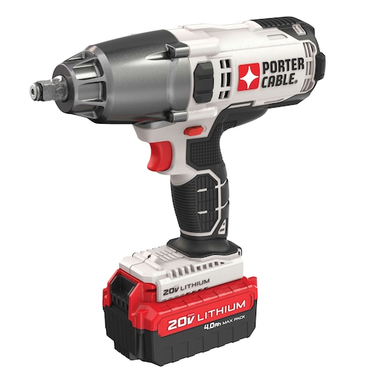 A PORTER-CABLE cordless impact wrench with a 20V lithium-ion battery pack, featuring a gray, black, and red design. The tool has a textured grip handle and a rechargeable battery attached at the base.