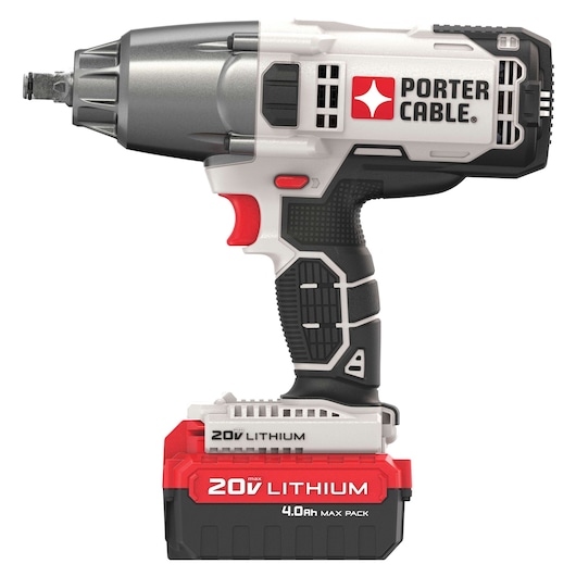 A PORTER-CABLE branded cordless impact wrench with a 20V lithium battery, featuring a black, grey, red, and white design. The tool has a textured grip and a red trigger.