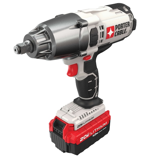 A PORTER-CABLE cordless impact wrench featuring a 20V lithium-ion battery, textured grip handle, and red trigger. The tool is designed for heavy-duty fastening and removal of bolts, displaying the PORTER-CABLE logo and branding on its side.