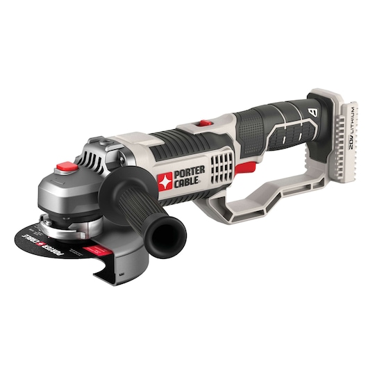 A PORTER-CABLE cordless angle grinder with a black handle, grey and black body, and red accents, featuring a 20V lithium-ion battery. The grinding disc is visible and the tool is photographed on a white background.