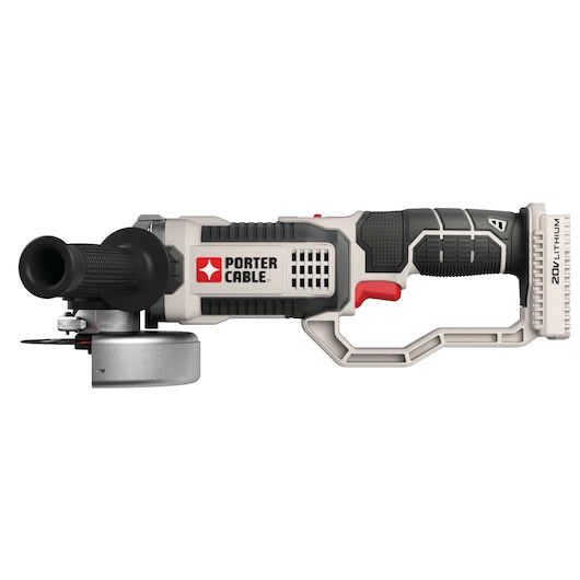 A PORTER-CABLE cordless angle grinder featuring a black handle, gray and black body, a red trigger, and 20V lithium battery. The grinder is shown in a side profile with clear detailing of its design.
