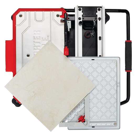 Top view of a PORTER-CABLE tile cutter with a mounted square tile, showing the cutting surface, handle, and measurement guide.