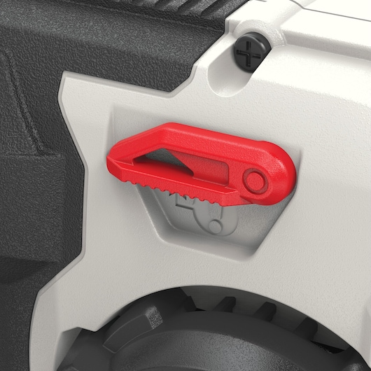 Close-up of a red adjustment lever on a PORTER-CABLE device, set against a textured black and white casing with a visible screw and part of a wheel.