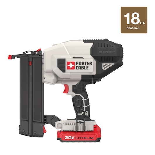 PORTER-CABLE 20V Lithium cordless brad nailer, 18 gauge, shown in profile view with black, white, and red accents.