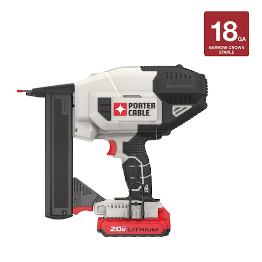 PORTER-CABLE 20V lithium cordless narrow crown stapler, 18 gauge, shown with battery attached. The tool has a black and gray body with red accents and the PORTER-CABLE logo on the side.