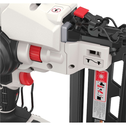 Close-up image of a PORTER-CABLE power tool, showing part of its handle, trigger, and nail magazine in detail. The tool has red and black accents, warning labels, and adjustment controls visible.
