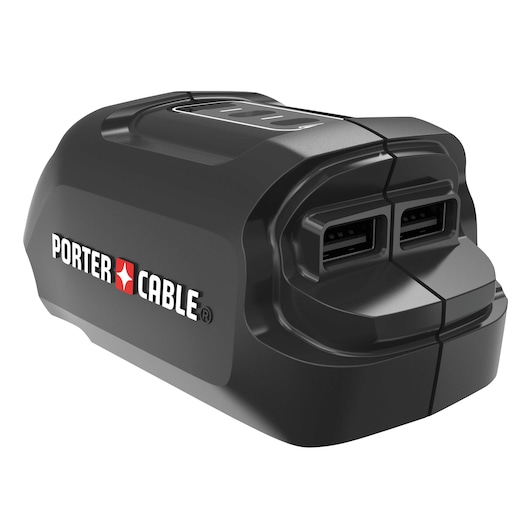 A close-up image of a PORTER-CABLE branded device, featuring a black rectangular unit with two USB ports on its front and the logo printed on the side.