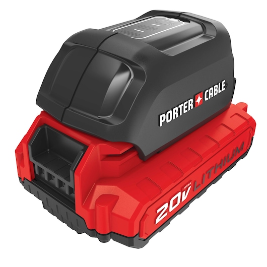 A PORTER-CABLE 20V MAX Lithium-ion battery pack with black and red casing, designed for cordless power tools.