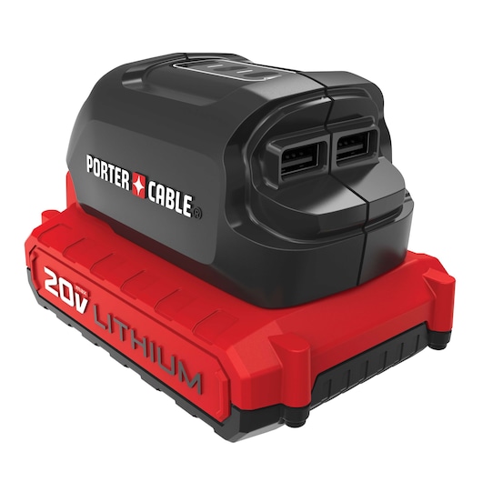 PORTER-CABLE 20V lithium rechargeable battery with dual charging ports, designed for power tools. The battery has a red and black casing with the PORTER-CABLE logo visible on the side.