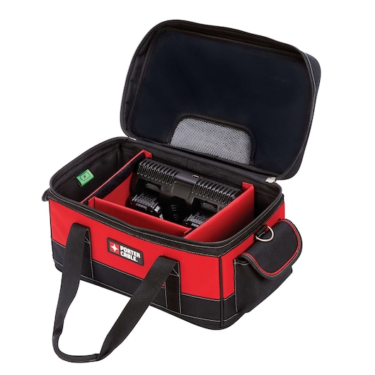 A red and black PORTER-CABLE carrying bag with an open top, displaying compartments inside holding battery chargers and accessories.