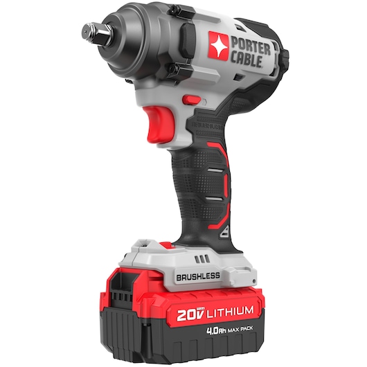 A PORTER-CABLE branded cordless brushless impact wrench with a black and red 20V lithium battery pack, suitable for use in photography or other tasks.